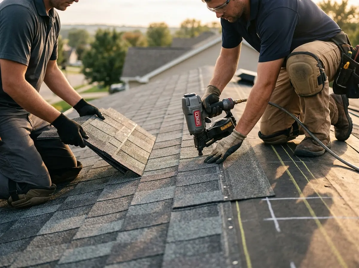 Professional roofer working on a residential roof in La Grange Park